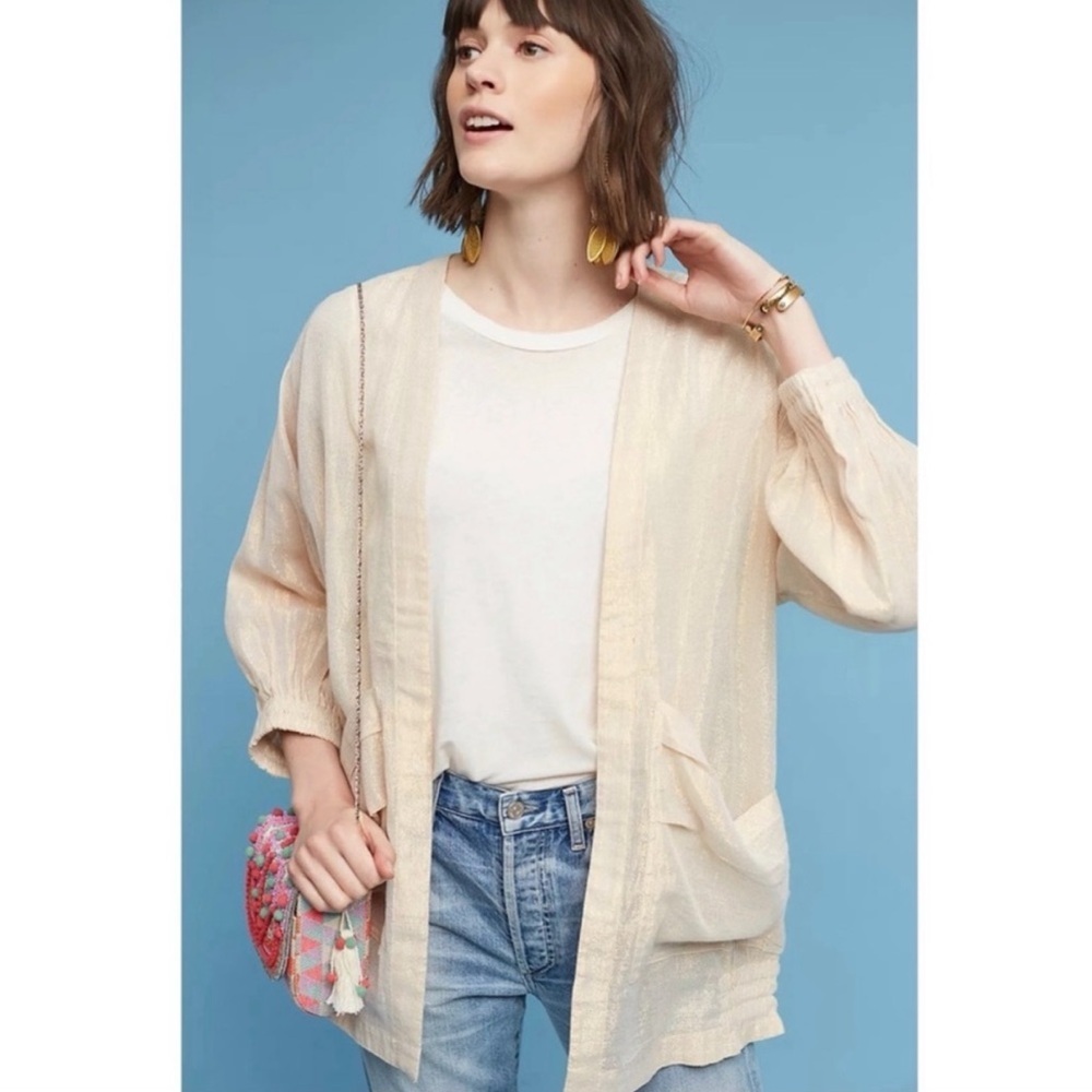 Anthropologie Hei Hei Cardigan S Metallic‎ Beige Shimmer Daybreak Coastal Boho
